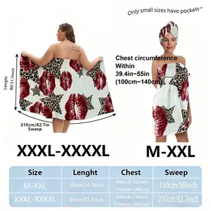 Sexy Leopard Print Red Lips Towel Wrap & Headwrap Set, White Bath Robe with Black/White Stars, Plus Size XS-XXXXL for Spa, Bachelorette Party, Valentine's Day, Bridal Shower - Adjustable Beach Cover Up for Women, Water Absorbent Towel