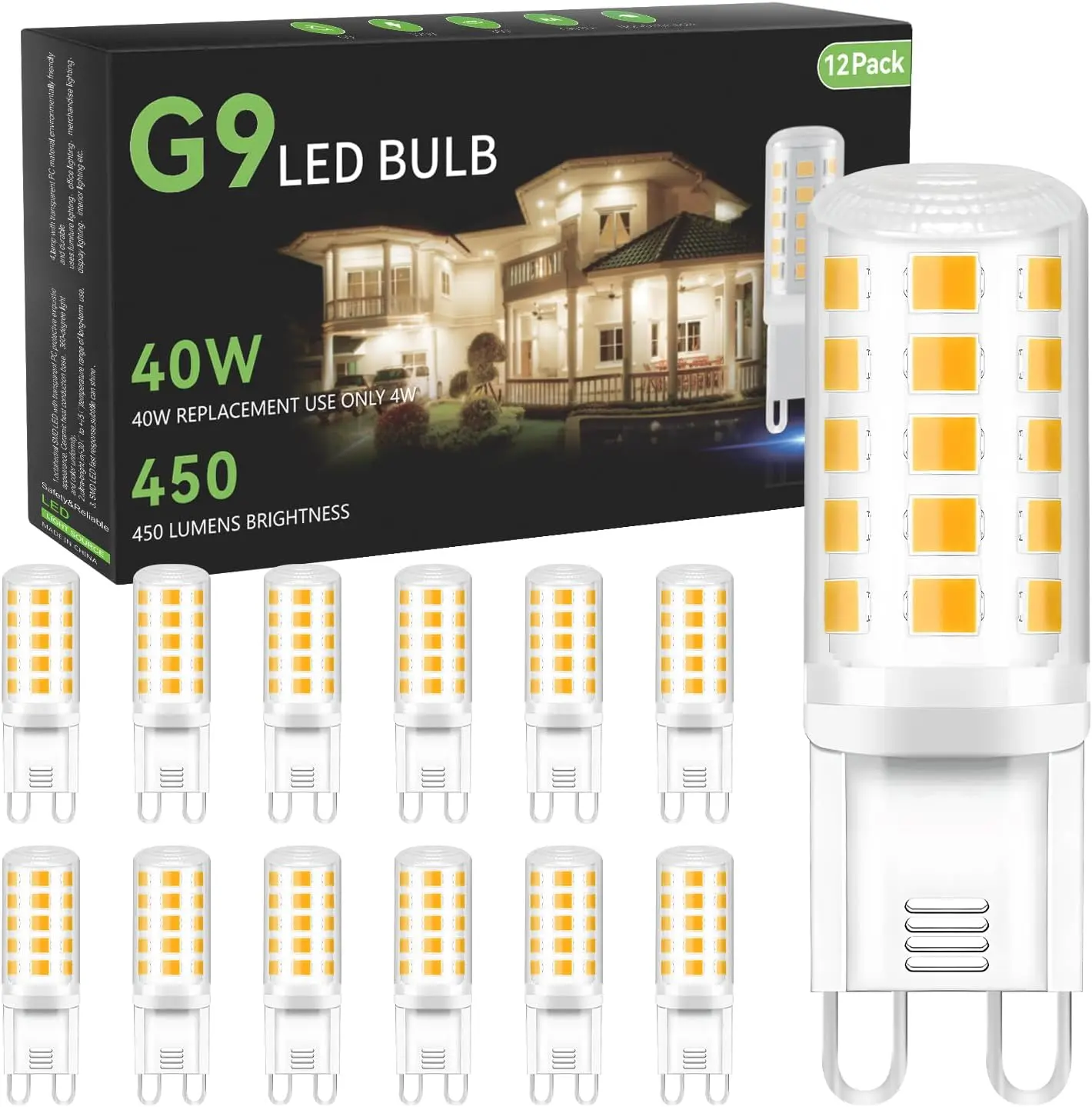 12 Pack G9 LED Bulb 4W Equivalent 40 Watt, Replacement G9 Halogen Light Bulb, 3000K Soft Warm White, T4 Bi-pin Base, Small G 9 Socket for Chandelier, 120V, 450 Lumen, Non-dimmable