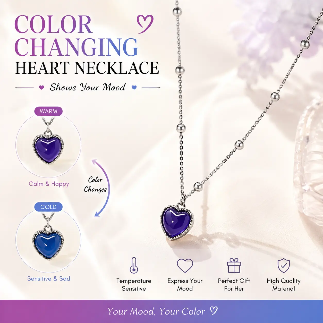 Color Changing Heart Mood Necklace, Temperature Sensing Love Heart Pendant Beaded Chain Necklace, Aesthetic Statement Jewelry, Ideal Gift for Girls Women