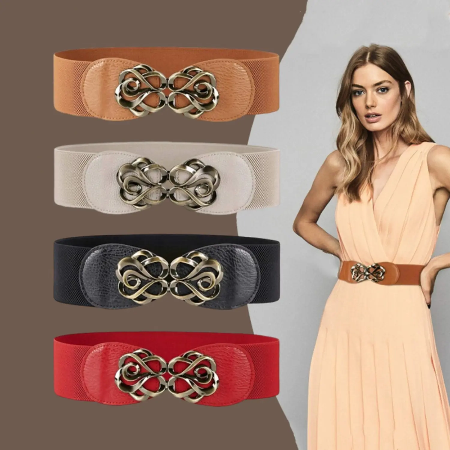 Thin Elastic Belts Vintage Fashion Waistband Stretch Skinny Gold Buckle 4 Pack 2 Pack Skinny Elastic Belts for Women Thin Stretchy Waist  main image 3