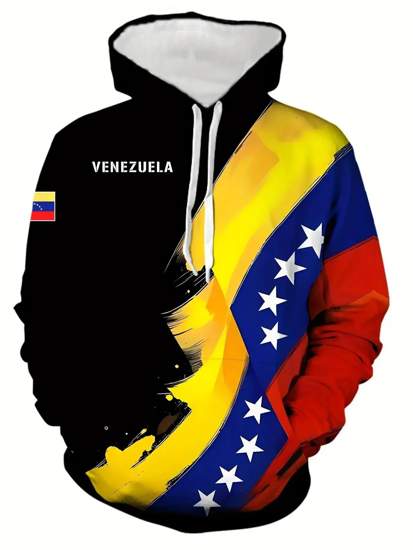 Men's 3D Print Hoodie, Venezuela Flag Design, Elastic Fabric, Comfortable Fit, Spring & Fall Casual Pullover, Patriotic Clothing, Long Sleeve, Casual Hooded Sweatshirt, Casual Fitted Hoodie, Graphic Print Hoodie