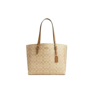 Coach Mollie Tote Bag with Classic Monogram, Central Zipper Compartment, Coated Canvas and Leather, Light Khaki for Women