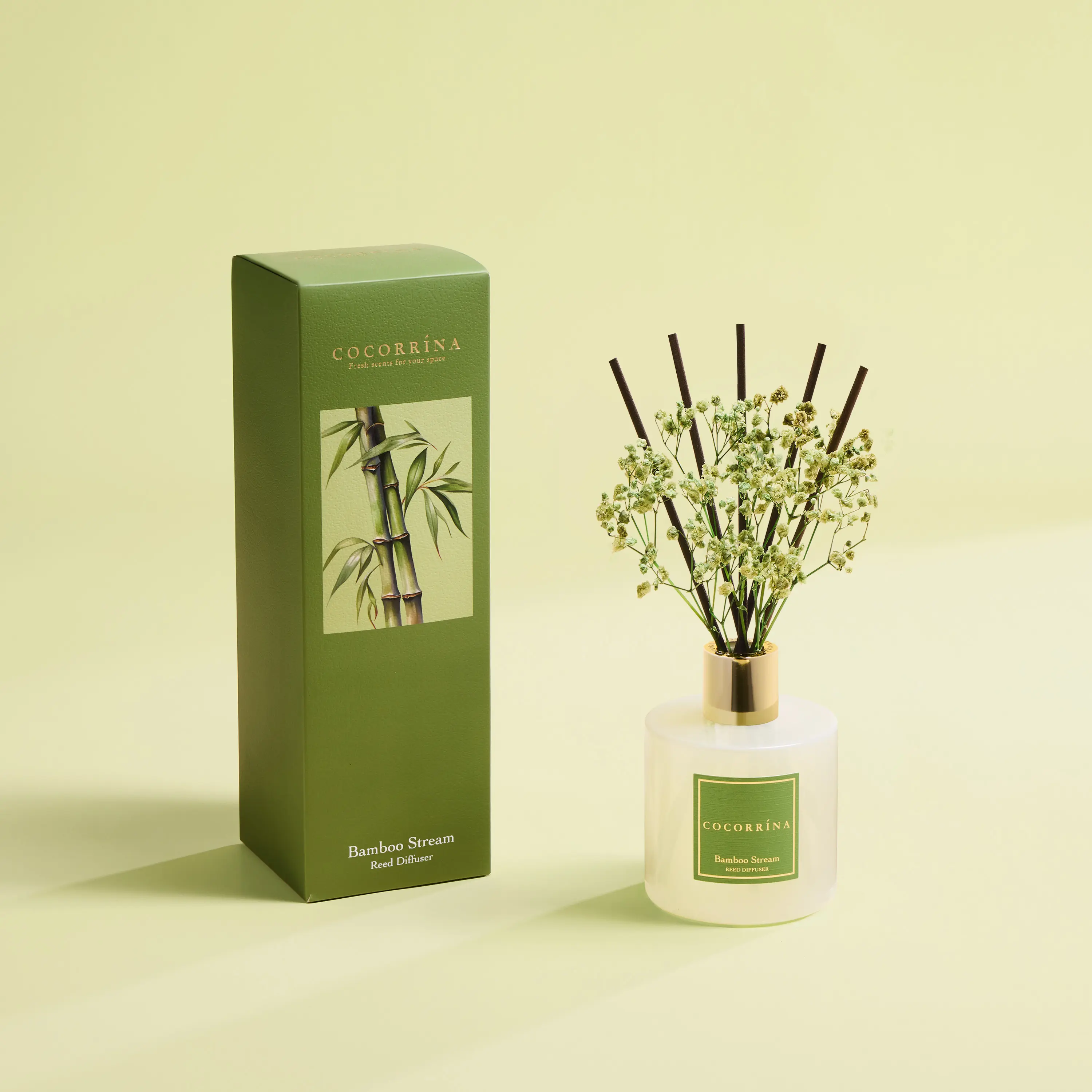 COCORRÍNA Bamboo Stream Reed Diffuser Set, Long-Lasting Home Fragrance with Dried Flowers for Bedroom, Bathroom Shelf Decor