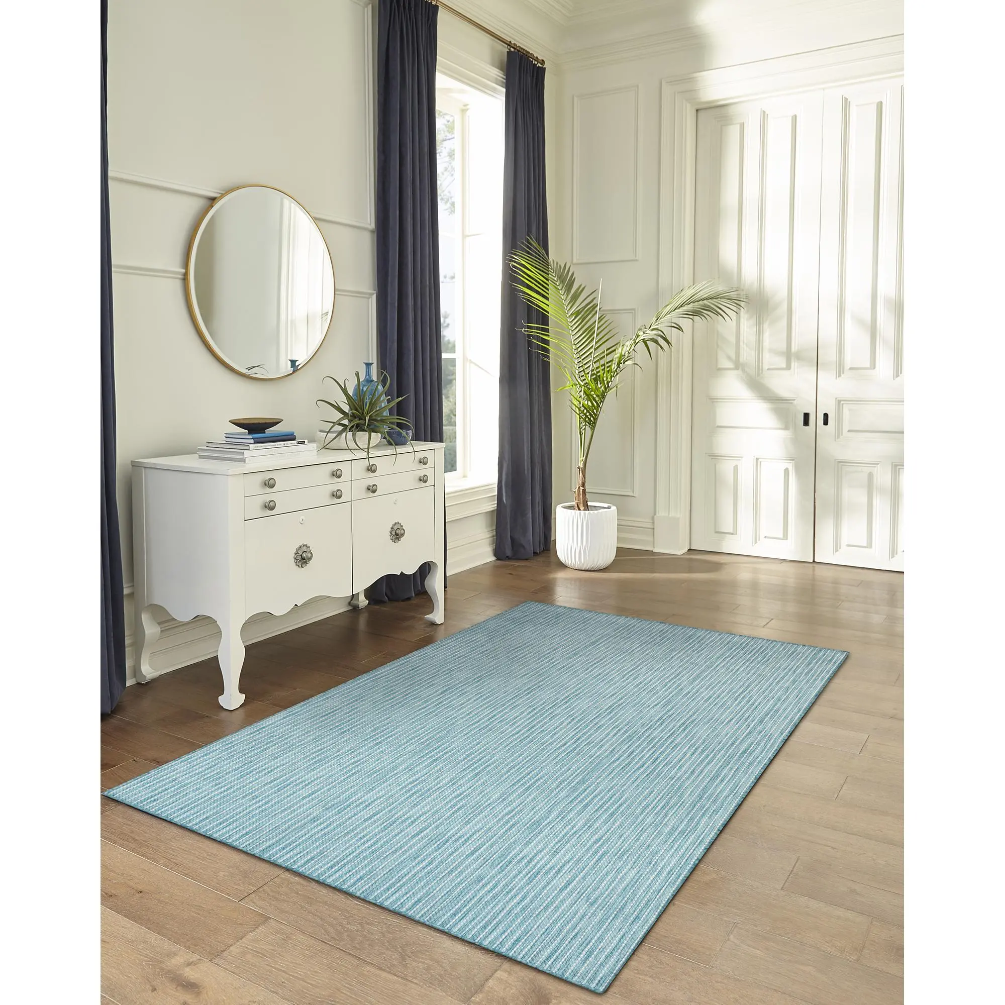 Lush Decor Carmel Low Profile Power Loomed Synthetic Blend Indoor/Outdoor Area Rug - Transitional Stripes, Aqua, Beige Lines, Colorful Split Stripe, Performance, Water Resistant, UV Protection, Flatweave for Patio Entry, Bathroom