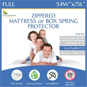 Full Size Mattress or Box Spring Encasement (8"-11" Depth) Waterproof Zippered Protector Hypoallergenic Premium Bedbug Double Size Bed Cover Protects from Dust White