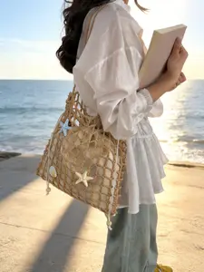 Starfish Shell Decorative Mesh Tote Bag, Large Capacity Shoulder Bag for Beach Vacations, Versatile Daily Use Backpack