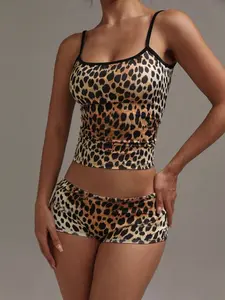 XLLAIS Women's Sexy Leopard Print Fitted Camisole And Shorts Set, 2025 Y2K Fashion Resort Casual Wear