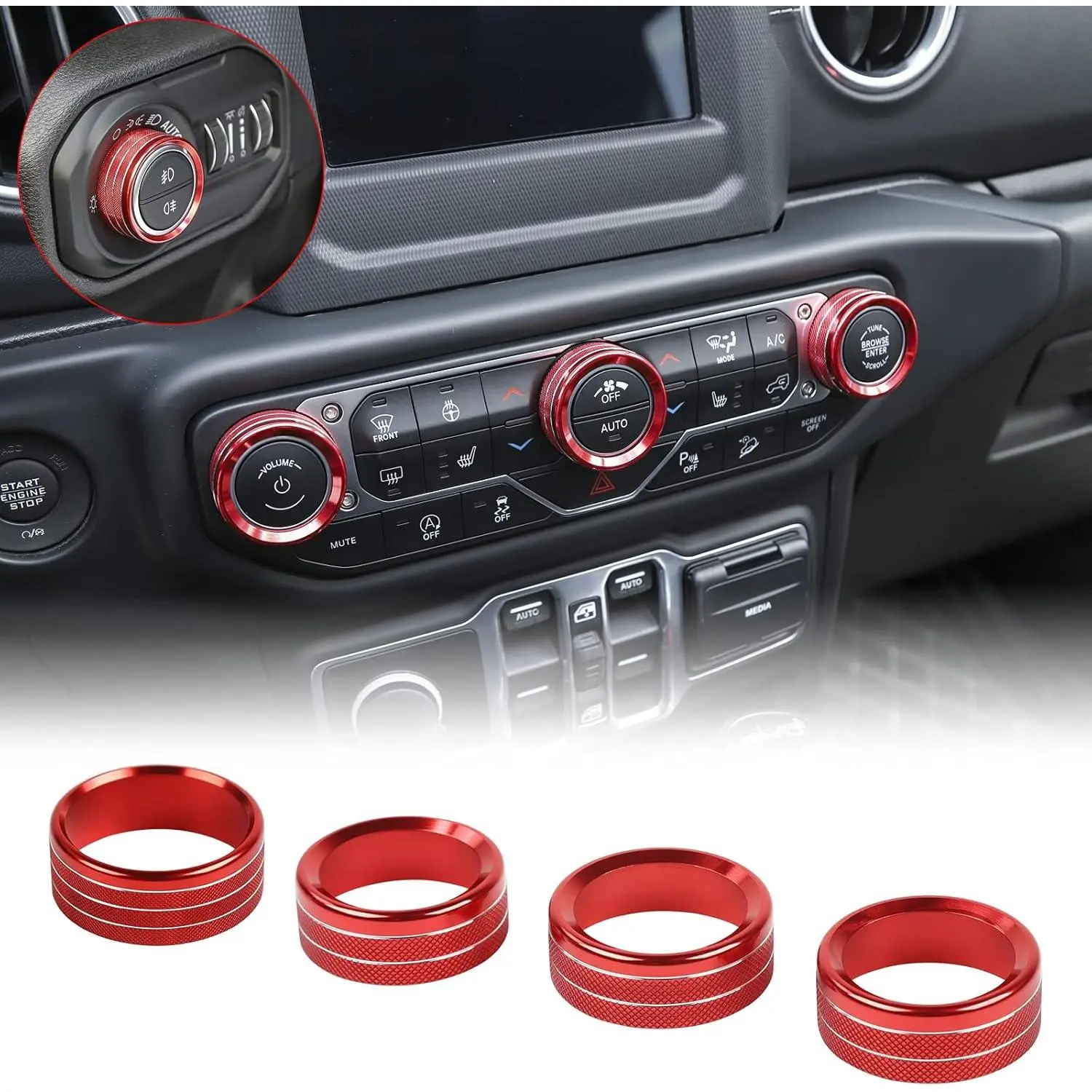 Aluminum Alloy AC Switch & Headlight Knob Covers for Jeep JL/JT Series, Rust-Proof Metal Car Interior Trims, AC Controls Scratch Guard, Direct Fit, Easy Installation (18-23 JL JLU, 20-23 Gladiator JT, Specific Dial Panel, Red)