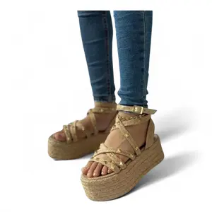 Brown Jute Platform Sandal 5cm with Rope Details Adjustable Buckle Strap Open Toe Casual Summer Walking Shoes for Girl