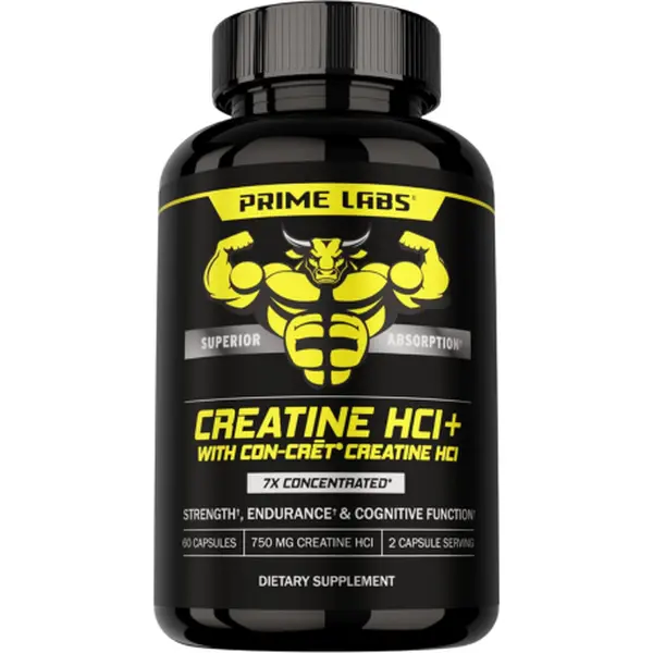 Prime Labs Creatine HCl Capsules with CON-CRĒT, Rhodiola & L-Theanine | Workout Support + Focus | 60 Capsules