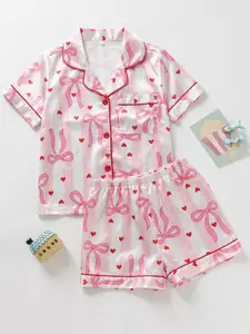 Girls' 2-Piece Pajama Set, Striped Bow Heart Print, Button Front Short Sleeve Top + Elastic Shorts, All Season Comfortable Sleepwear
