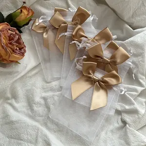 25 Beige Bow Mesh Drawstring Gift Bags - Large Wedding Favor Bags (10x15 cm / 3.94x5.90 in), for Parties, Birthdays, Baptisms, Bridesmaid Gifts, Jewelry and Accessories Packaging - Bulk Drawstring Bags