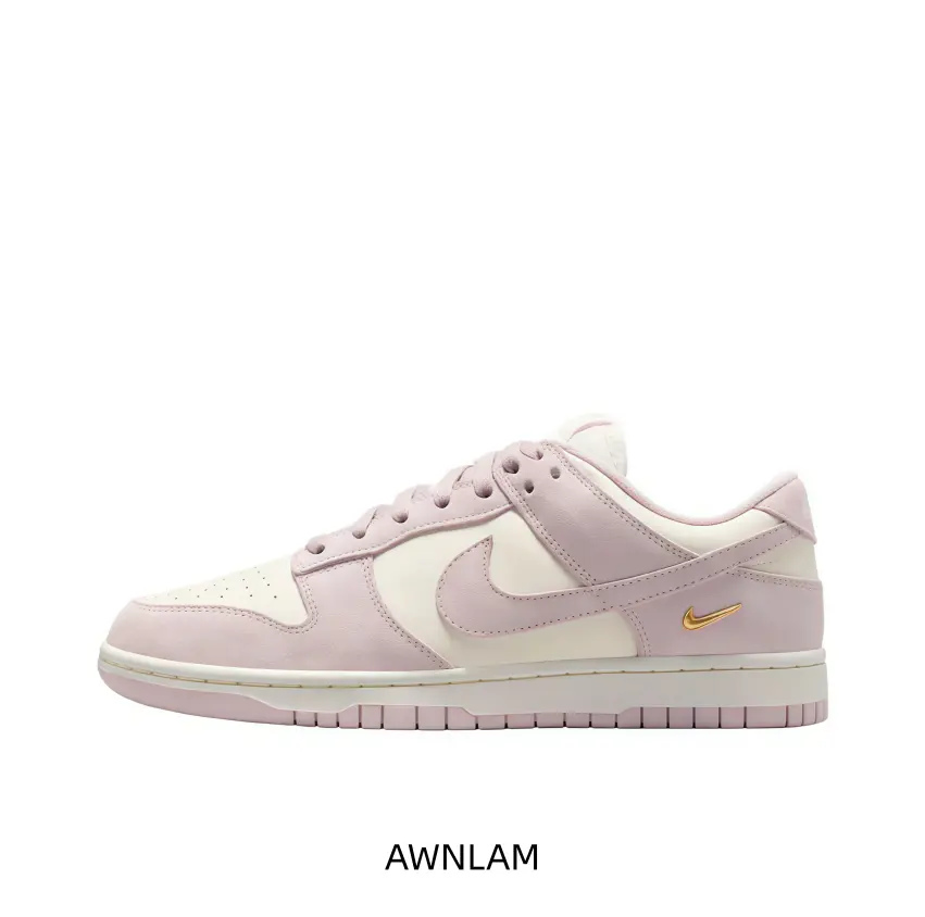 This low-top sneaker features soft light pink suede overlays paired with smooth off-white leather base and tiny gold branding for gentle sweet casual daily styling.