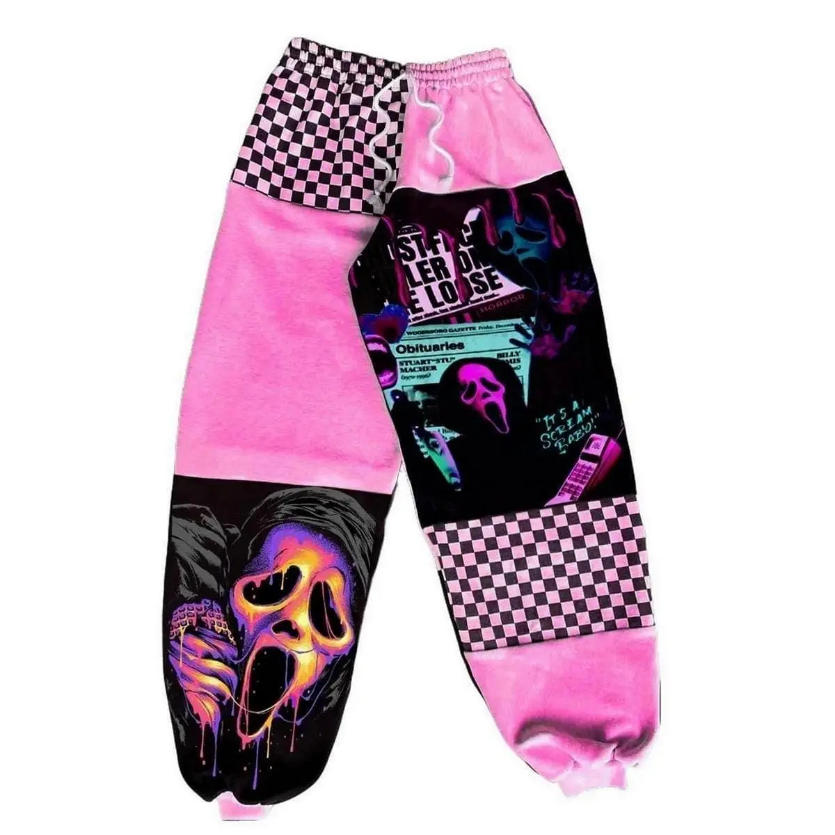 Pink Ghostface Neon Halloween Sweatpants, Scream Checkerboard Jogger Pants, Spooky Horror Streetwear Pants, Fall Winter Pants, For Men & Women, Gift For Horror Fans
