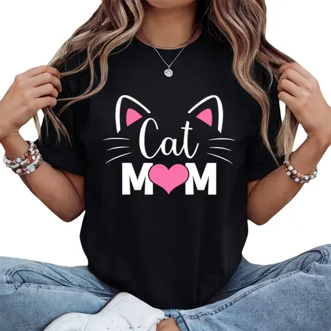Men's Funny Cat Mom Graphic T Shirt Heavyweight gsm Oversized Relaxed Fit Black with Pink Cat Ears & Paw Print Lettering Casual Casual Attire Mother's Day Gift for Cat Lovers Cat Dad ShiSame Style for Men and Women 2026 Summer Shirt Sleeved