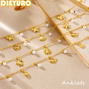 DIEYURO 316L Stainless Steel Butterfly Whale Octopus Crab Pearl Anklets For Women New Fashion Waterproof Foot Chain Jewelry Gift