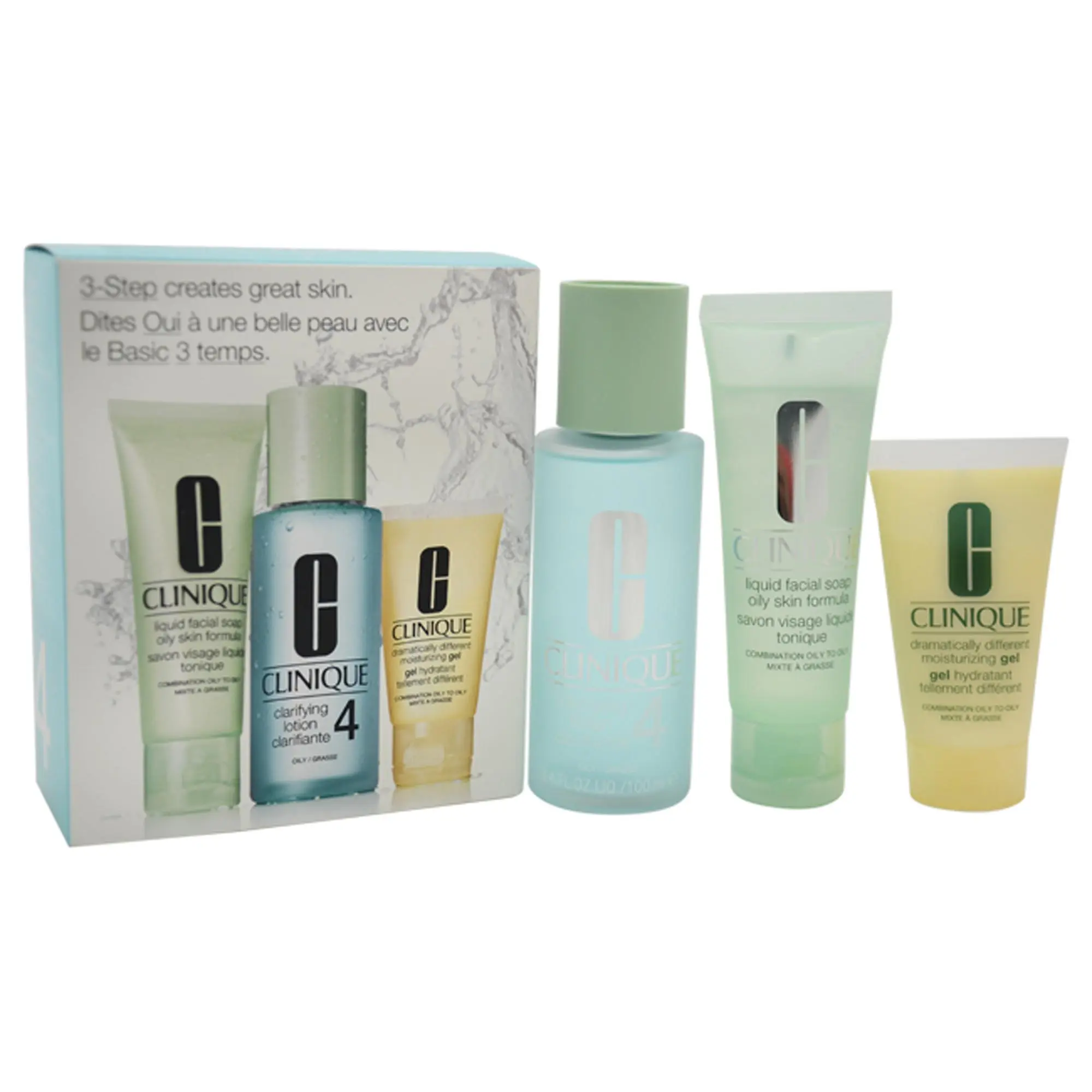 3-Step Skin Care System For Skin Type 4 Oily by Clinique for Women - 3 Pc Kit 1.7oz Liquid Facial Soap Oily Skin Formula, 3.4oz Clarifying Lotion 4, 1oz Dramatically Different Moisturizing Gel