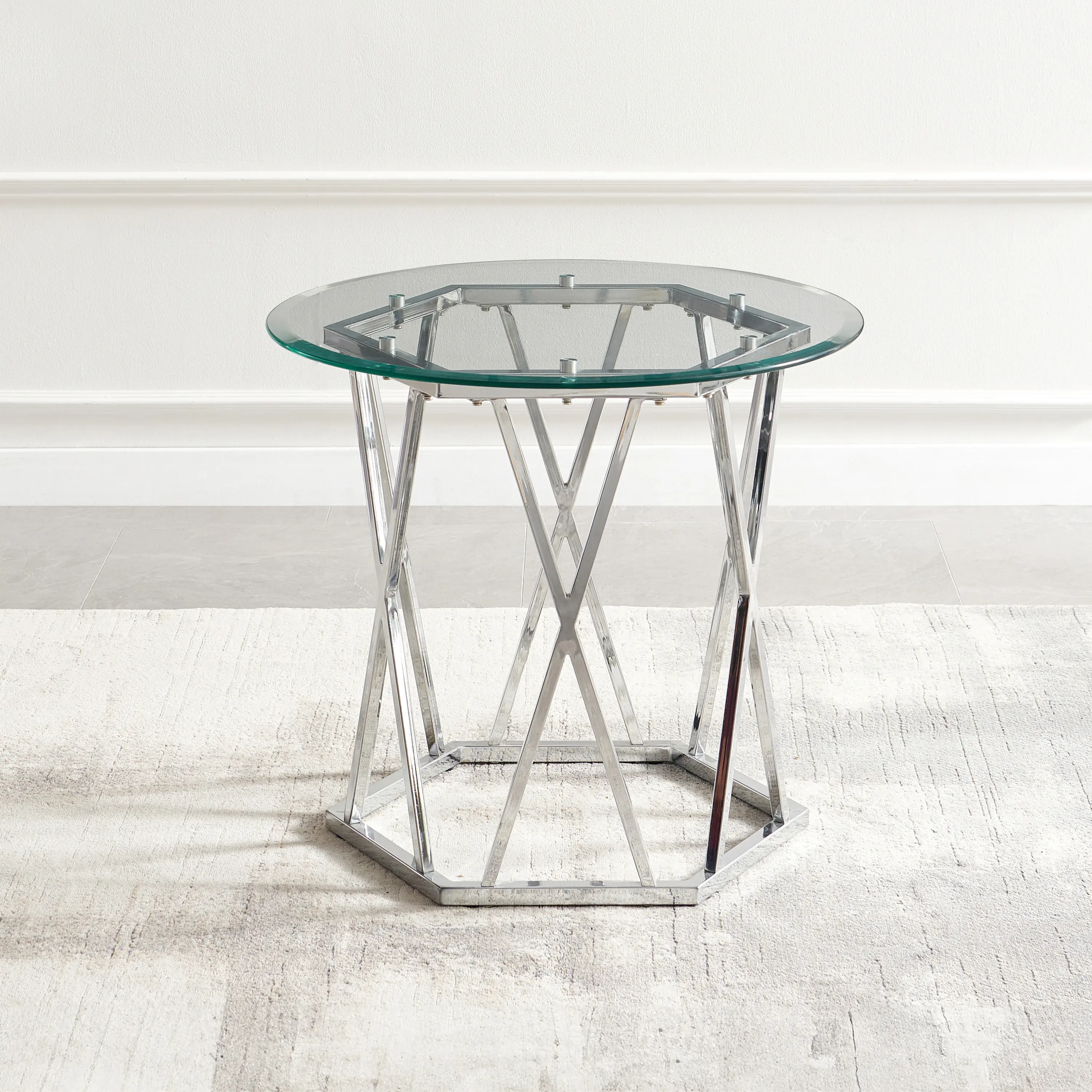 SALE - Escondido Glass Top End Table with Chrome Accents for Modern Home Decor 26"W x 26"D x 23"H Glass & Chrome Finish