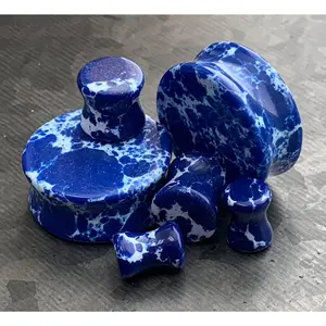 Pair of Brilliant Imperial Blue Jasper Stone Double Flare Plugs - Gauges 6g (4mm) through 1"(25mm)