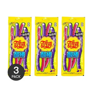 3 Packs CHUPA CHUPS Sour Stick Candy – Sour Gusher Candy Rainbow Fruit Flavor Snacks, 8 Strips per Pack (104g) | Sweet & Sour Chewy Treat Bonbon Snack