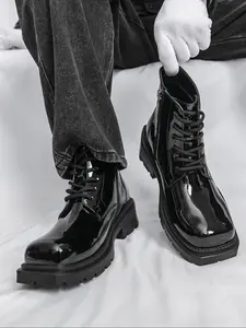 Men's High-Top Boots with Side Zipper, Square Toe Lace-Up Design, Comfortable and Stylish Footwear for Daily Wear
