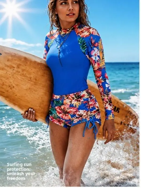 【EasDoing】Women UPF50+ Long Sleeve Rash Guard Set Half Zip Stand Collar Tropical Floral 2 Piece Swimsuit with Side Drawstring Boyshorts Sun Protective Swimwear for Surfing Snorkeling