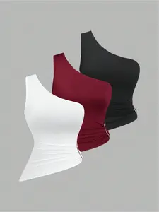 Women's New Spring/Summer Asymmetrical Neckline One-Shoulder Top with Metal Buckle Decoration Set, Suitable for Banquets, Gatherings, Bars, Beach, and Vacation.
