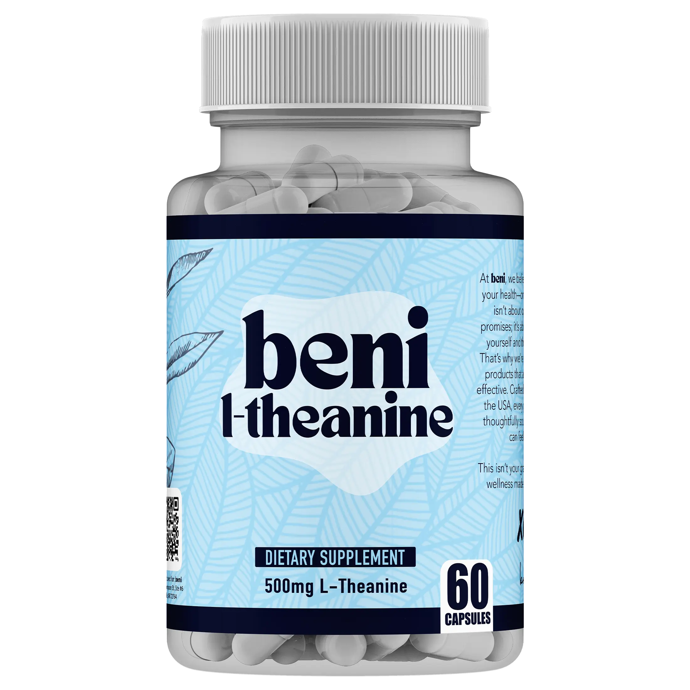 beni L-Theanine 500 mg Capsules | 60 Count | Stress Relief, Calm & Clarity Supplement | Pure L-Theanine for Relaxation, Focus + Mood Support | Dietary Supplement | Vitamins & Minerals for Men's Health | Women's Health | Sleep Support + Energy Fitness