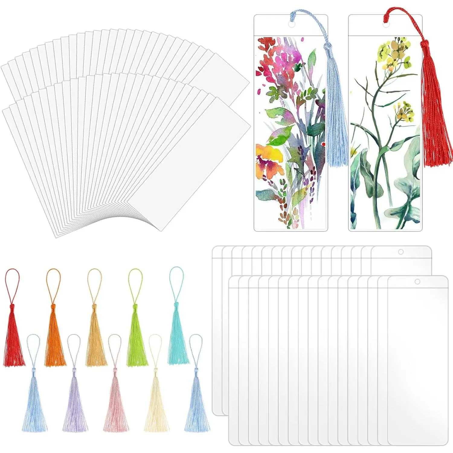 60 Sets  Paper Blank Bookmarks with Tassels, Cardstock DIY Bookmark Making Kit, DIY Projects Party Favor  Tag Bulk PVC Tags, 60 Bookmarks 60 Clear Bookmark Sleeves 60 Tassels