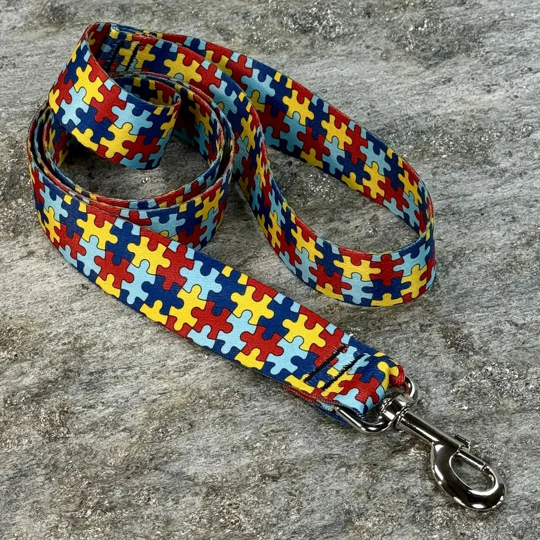 Autism Awareness Classic Graphic Interlocking Puzzle Pieces Polyester Dog Leash - Non-Customized, Full-Width Lead, Pet Collars Harnesses & Leads Accessory for Parents