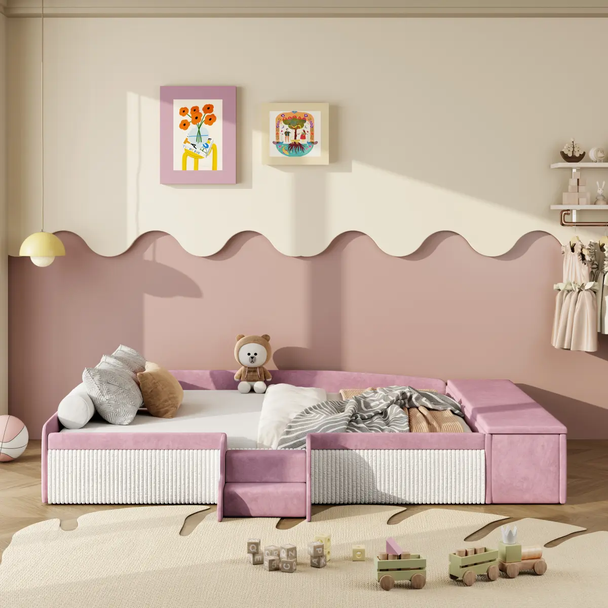 Full Size Velvet Upholstered Kids Loft Bed with Stairs, Gas Lift Storage Ottoman, Padded Guardrails, Kids Furniture Bedroom, Pink-White Floor Bed