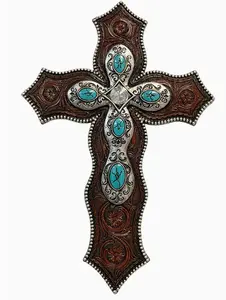 Western Decorative Cross For Wall – Turquoise & Silver Trim