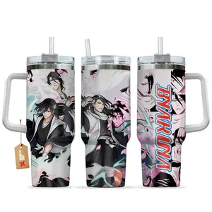[Sip40 Otaku] Bleach Byakuya Kuchiki 40oz Stainless Steel Travel Mug With Handle, Soul Society Captain Anime Cup, Senbonzakura Bankai Drinkware, Insulated Coffee Tumbler, Otaku Gift for Anime Lovers & Gamers