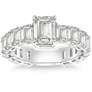 VS 7 1/2Ct Emerald Cut Diamond Engagement Ring 3/4 Eternity 14k Gold Lab Grown