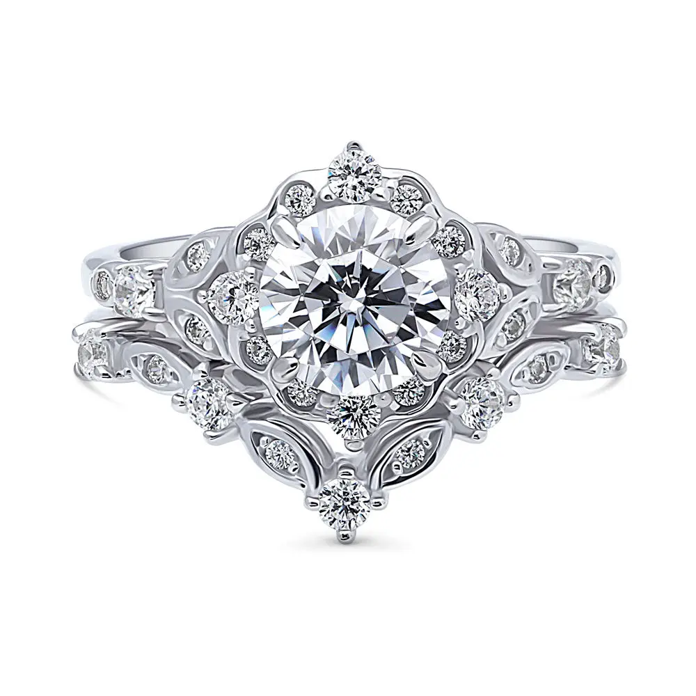 BERRICLE Sterling Silver Halo Wishbone Art Deco Chevron V Shaped Engagement Rings Stackable Band for Women, Round Cut Cubic Zirconia CZ Ring Set