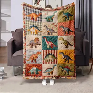 Vintage Patchwork Dinosaur Print Flannel Throw Blanket, Soft Warm Comfortable, Bedroom Living Room Car Use, Home Decor For Dinosaur Lovers