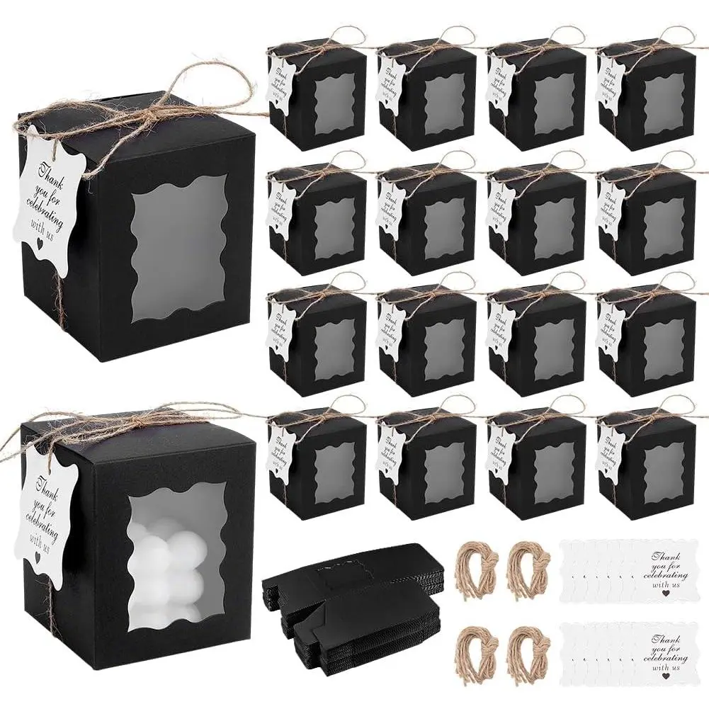 PH PandaHall 100 Set Candle Gift Boxes 3.35x3.35x3.94inch Black Kraft Paper Gift Boxes Rectangle Packaging Box with Visible Window Tags and Ropes for 10oz