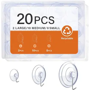 20 count Suction Cup Hooks, 2.5Inch, 1.77Inch, 1Inch Suction Cups with Metal Hooks Removable, Suitable for Glass, Windows, Bathrooms, Kitchens, Tiles, Shower Cubicles