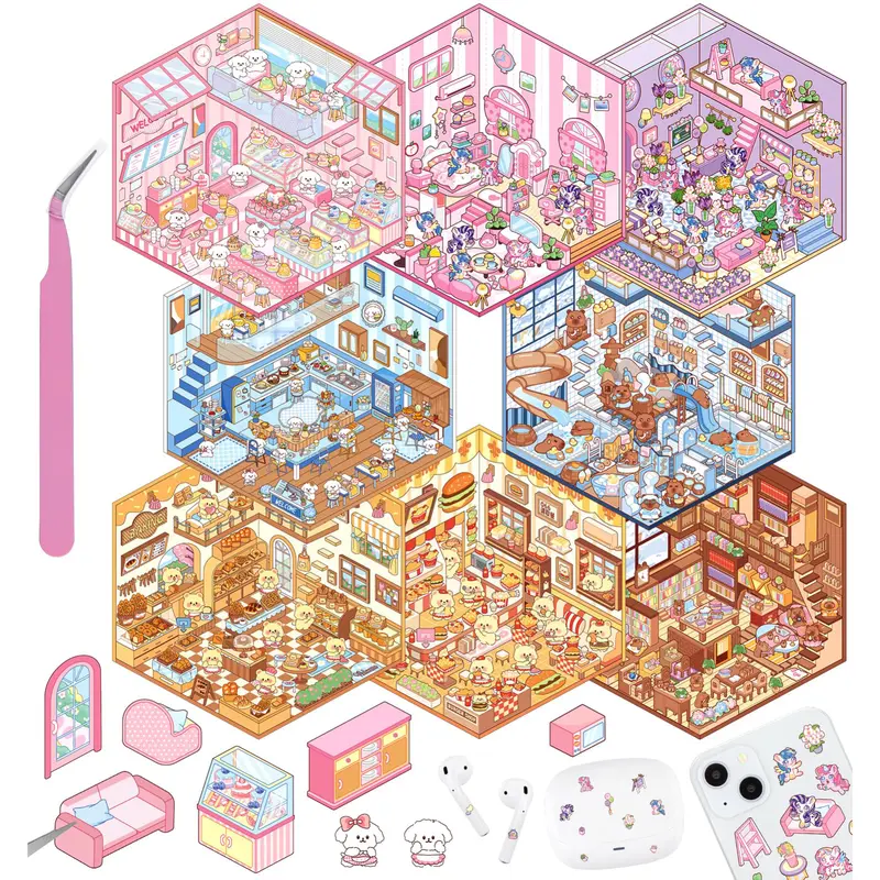 DIY 3D House Stickers, Sticker Book, Fun DIY Stickers Scene Make Your Own Mini House Cute Cartoon Animal Scene Sticker for Kids Adult Sticker Art Relief Stress Pass The Time