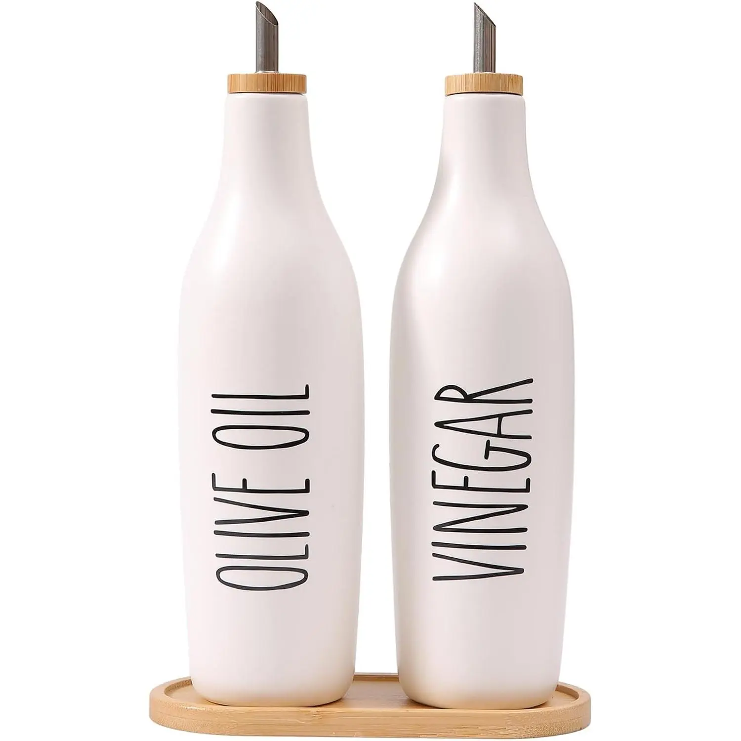 Olive Oil and Vinegar Dispenser Set, 16oz Ceramic Oil Dispenser for Kitchen, Kitchen Dispenser Bottle for EVOO Vinegar Syrups, Modern Farmhouse Design | Set of 2  P-White