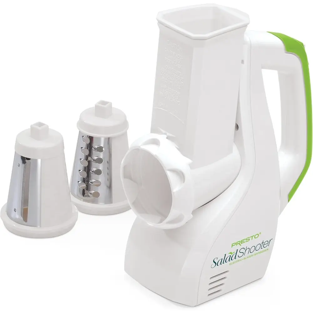 Electric Kitchen Cheese Grater Slicer-Shredder, White Dishwasher-Safe Kitchen Utensil with Interchangeable Cones, Compact Point-and-Shoot Design, Wipe-Clean Motor Base for Fruit, Bread, Chocolate (Hundreds of Uses)