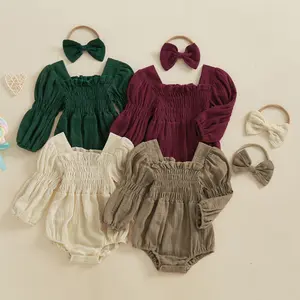 Infant Toddler Clothes, Baby Girls' Spring Long-Sleeve Square Neck Solid Color Cute Romper with Headband Casual Outfit Set