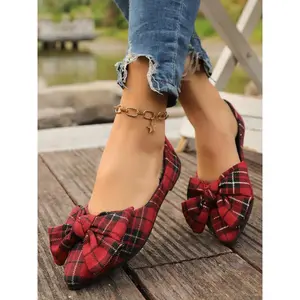 Women's Red & Black Plaid Bow Flatform Shoes Comfortable Casual Slip-Ons with Textile Upper & Durable Rubber Sole Stylish All-Season Footwear for Girls