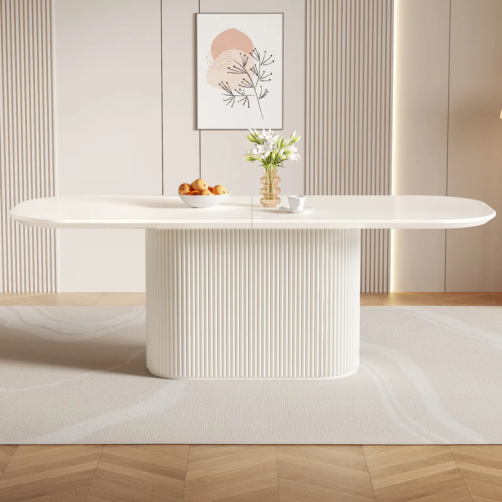 Guyii Modern Cream White Oval Dining Table for 4-8 People, Pedestal Kitchen & Dining Room Table with Anti-Collision Rounded Corners, Scandinavian Style Wood Table for Home, Apartment & Small Spaces