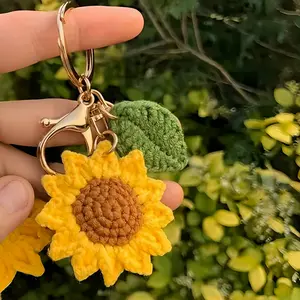 Sunflower Keychain Charm, Keychain Pendant, & Yarn Flower with Leaves, Durable Hook Loop Accessory, Perfect for Wallets, Backpacks, Car Keys, Gifts
