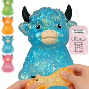 Highland Cow Stress Relief Toy, Mini Cute Animal Squeeze Toy for Adults, Slow Inflate Sensory Fidget, Anxiety Relief, Easter Basket Fill, Party Gift