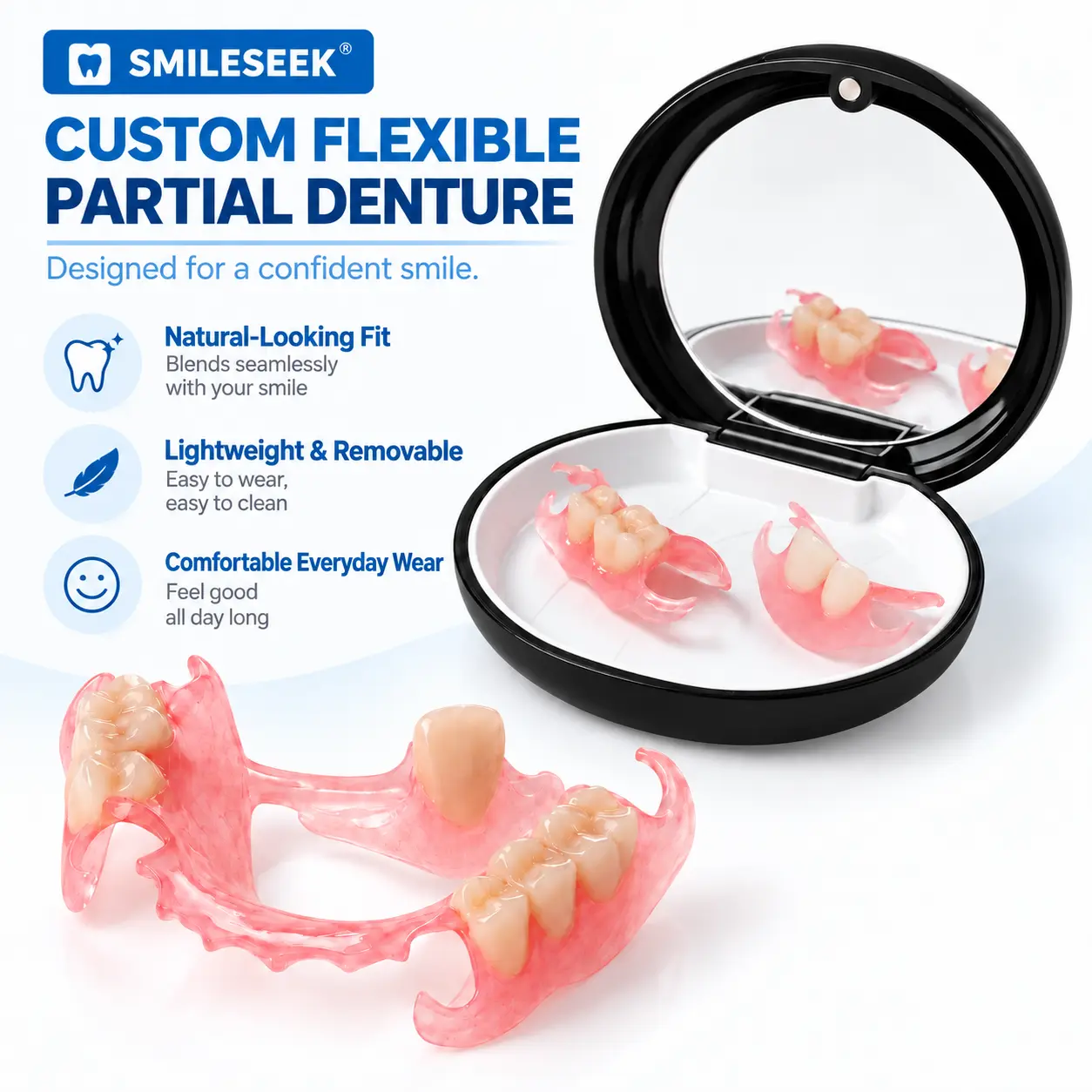 SMILESEEK Custom Flipper Tooth for 1-4 Missing Teeth, Flexible Partial Denture, Removable Natural-Looking Tooth Replacement with Home Impression Kit