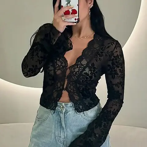 Leopard Print Mesh See Through Long Sleeve T-shirt Top Crop Tops Tshirts Sheer Mesh Shirts Streetwear Womenswear For Women Casual Trendy Shirt Casual Chic