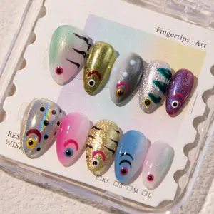 Colorful Fish Press On Nails | Hand Painted Short Almond Nails | Ocean Inspired Reusable Nail Art Gift
