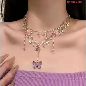 Vintage Purple Crystal Butterfly Tassel Necklace, Whimsical Galaxy-Themed Stackable Choker with Fairy Style & Light Luxury Texture for Daily Wear (Gaming Fan Shop Accessory)
